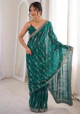 Teal Green Embellished Satin Saree Set