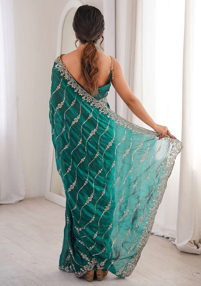 Teal Green Embellished Satin Saree Set for Diwali | Wedding & Festive Wear - Indya