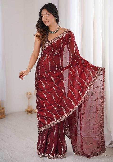 Maroon Embellished Satin Saree Set