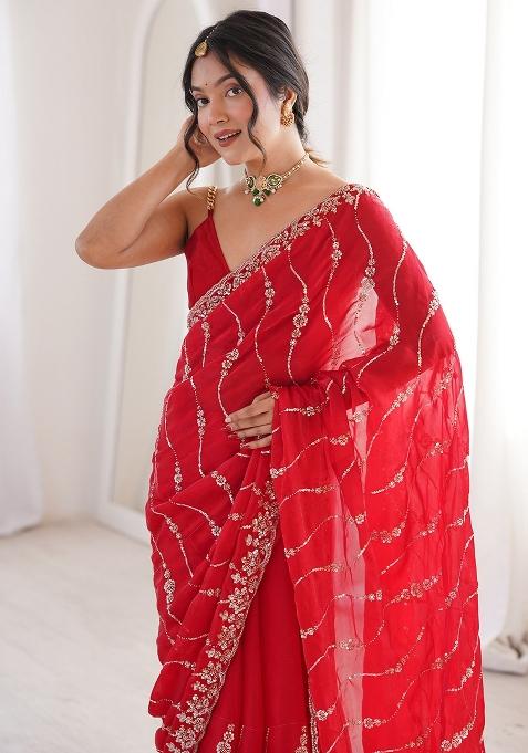 Red Embellished Satin Saree Set — view on Indya