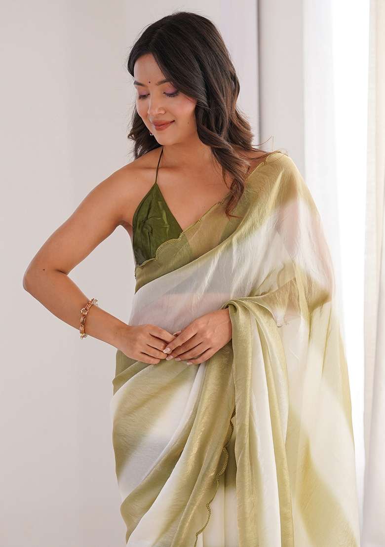 Olive Solid Satin Saree Set for Diwali | Wedding & Festive Wear - Indya