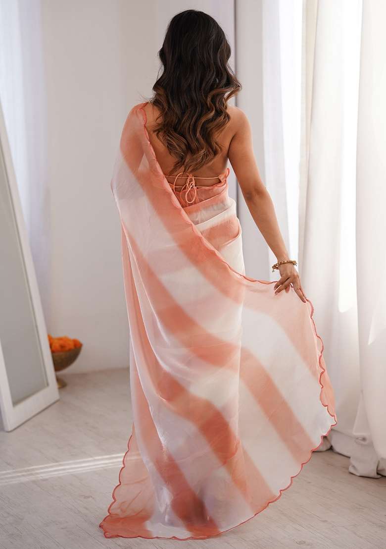 Peach Solid Satin Saree Set for Diwali | Wedding & Festive Wear - Indya