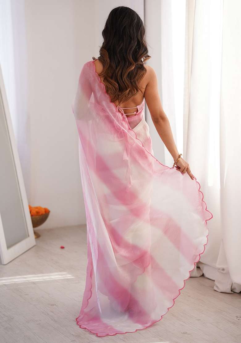 Pink Solid Satin Saree Set for Diwali and Festive Wear - Indya