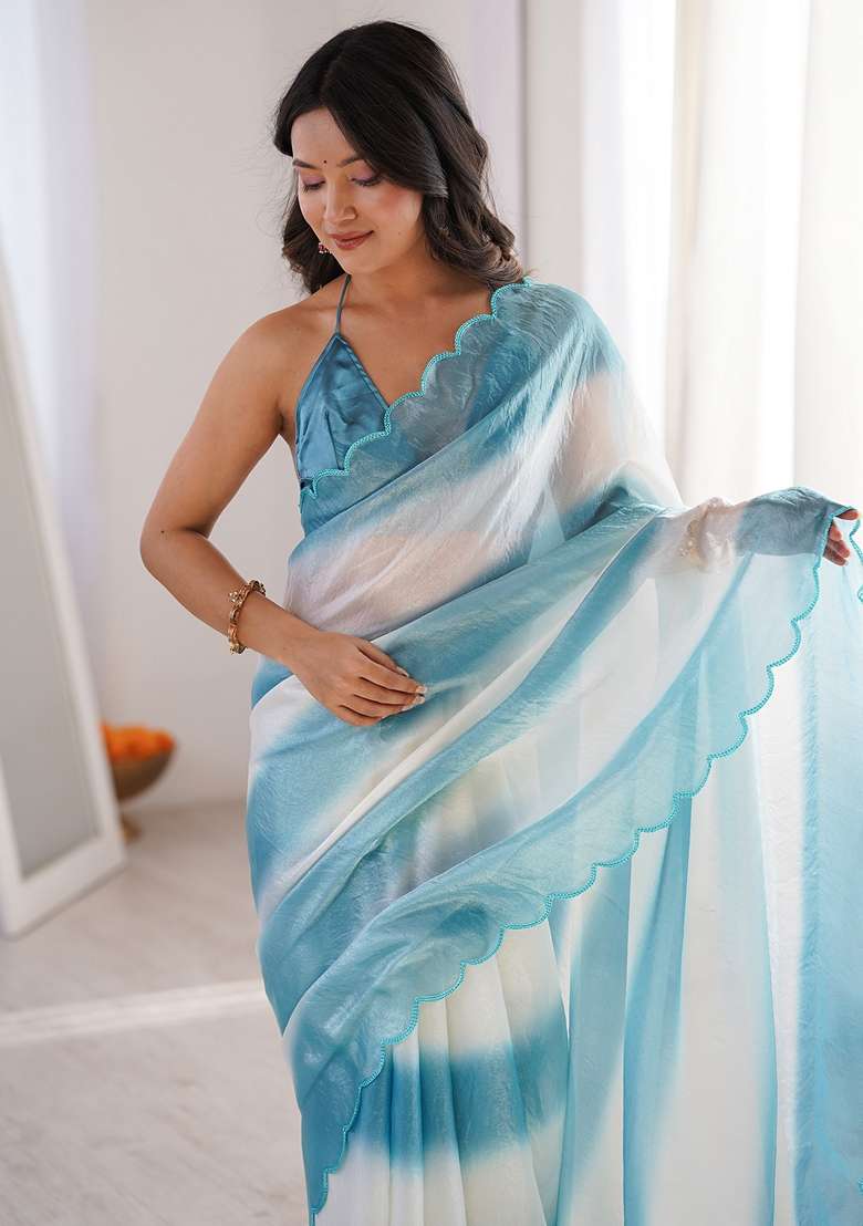 Light Blue Solid Satin Saree Set for Diwali and Festive Wear - Indya
