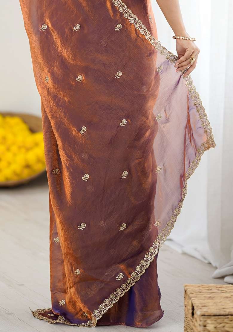 Rose Gold Embellished Satin Saree Set for Diwali | Wedding & Festive Wear - Indya