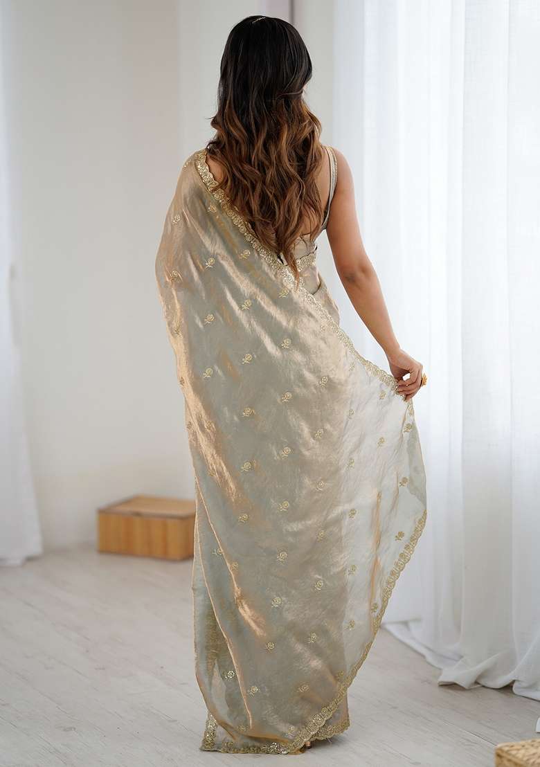Golden Embellished Satin Saree Set for Diwali | Wedding & Festive Wear - Indya