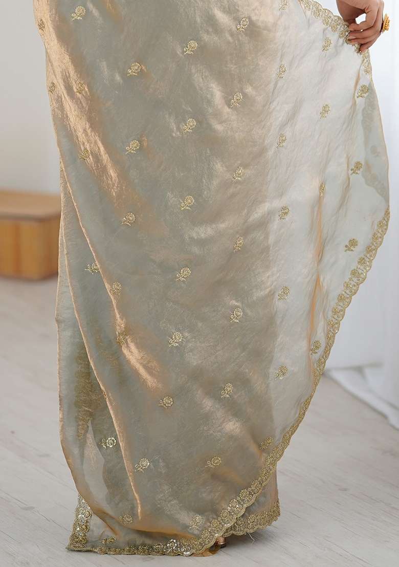 Golden Embellished Satin Saree Set for Diwali | Wedding & Festive Wear - Indya