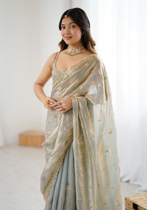 Golden Embellished Satin Saree Set