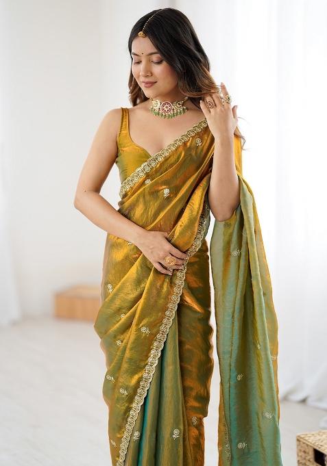 Olive Embellished Satin Saree Set