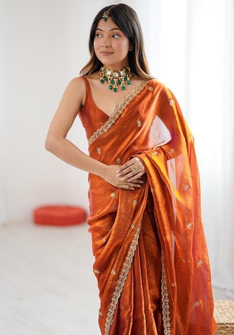 Orange Embellished Satin Saree Set