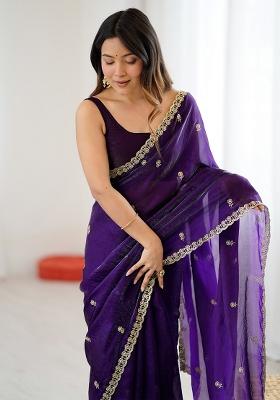 Purple Embellished Satin Saree Set