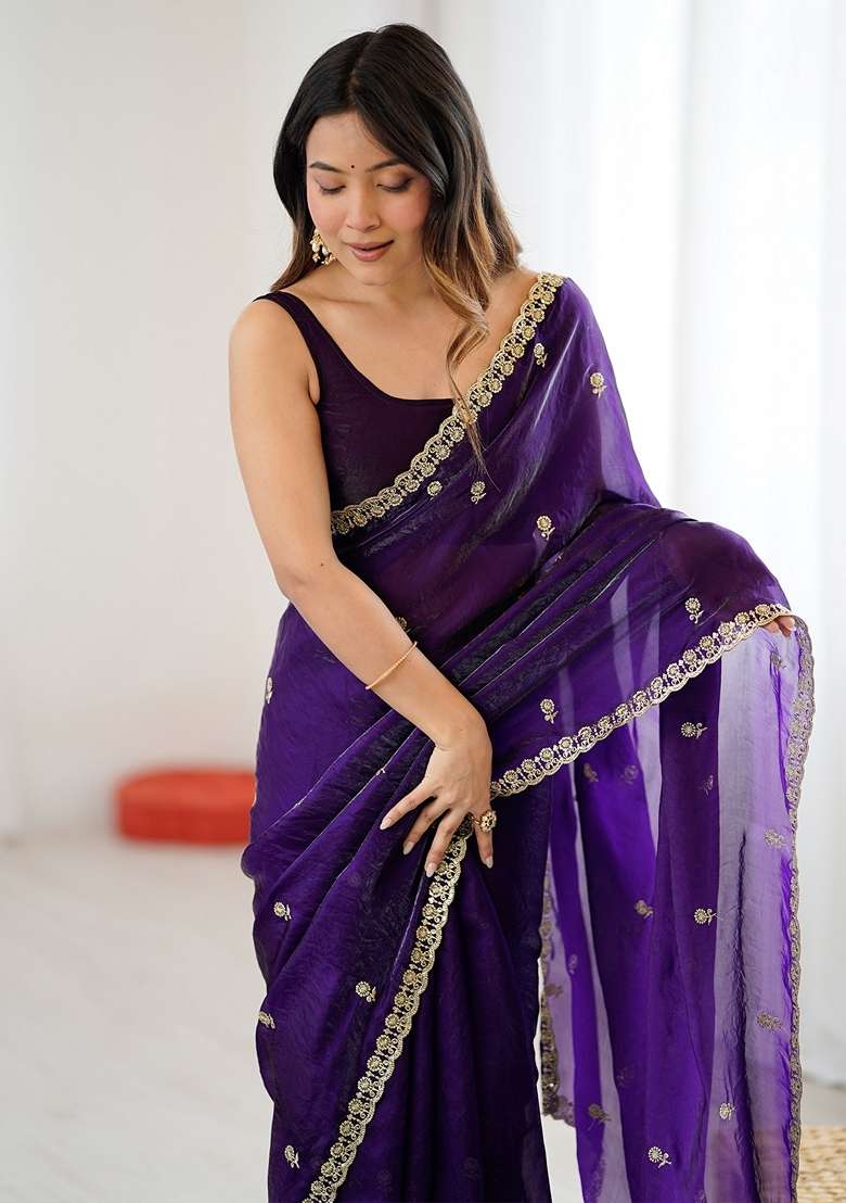 Purple Embellished Satin Saree Set for Diwali and Festive Wear - Indya