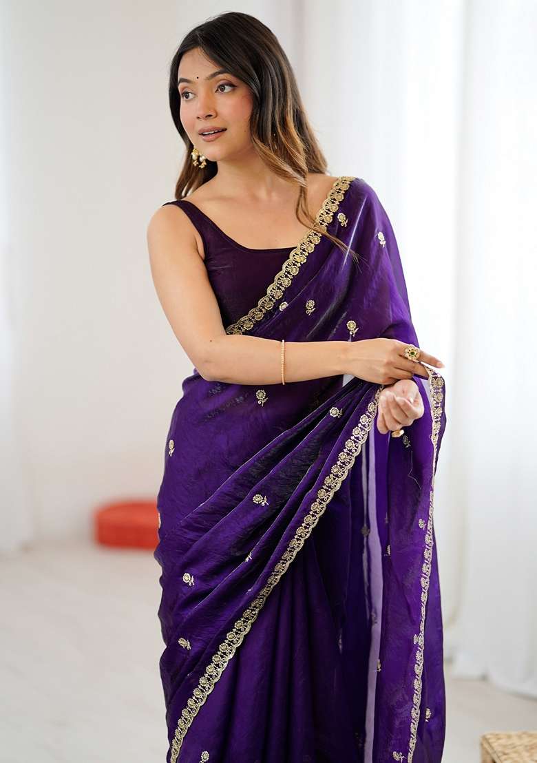 Purple Embellished Satin Saree Set for Diwali and Festive Wear - Indya