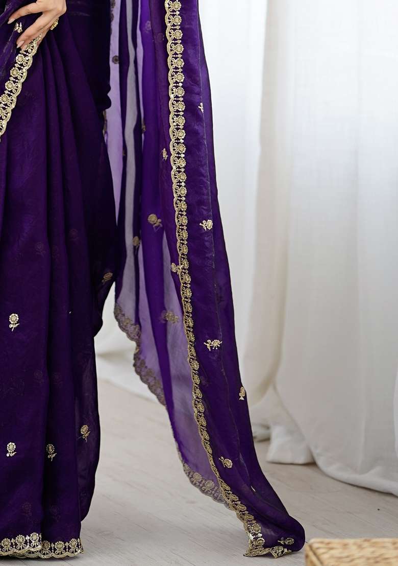 Purple Embellished Satin Saree Set for Diwali and Festive Wear - Indya