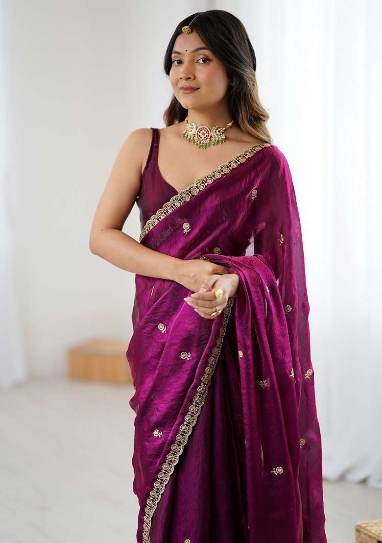 Magenta Embellished Satin Saree Set for Diwali and Festive Wear - Indya