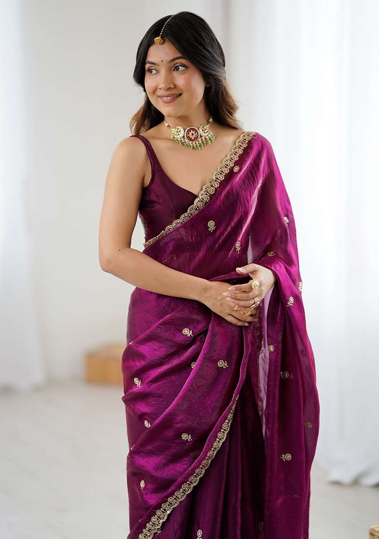Magenta Embellished Satin Saree Set for Diwali and Festive Wear - Indya