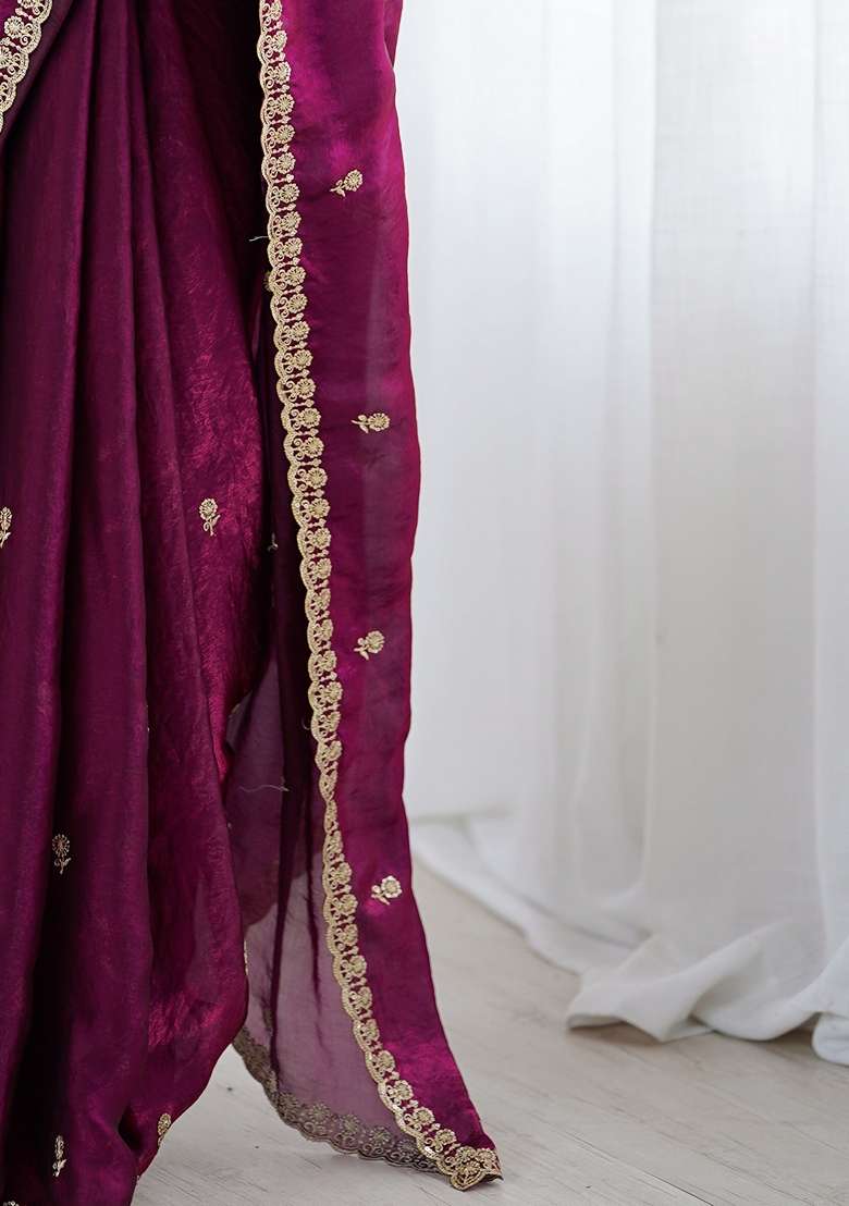 Magenta Embellished Satin Saree Set for Diwali and Festive Wear - Indya