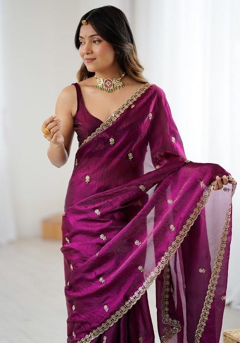 Magenta Embellished Satin Saree Set