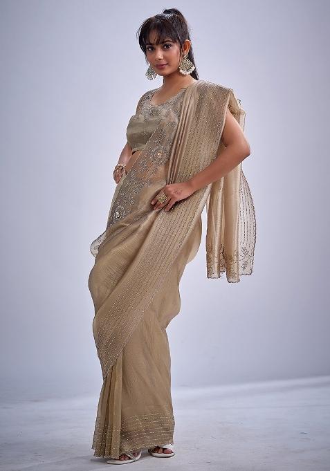 Golden Embellished Organza Saree Set