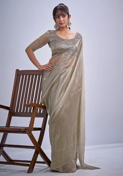 Silver Embellished Organza Saree Set