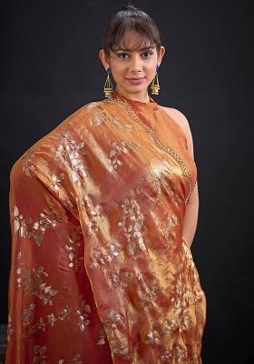 Rust Embellished Silk Blend Saree Set