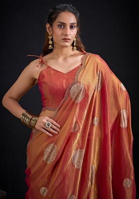 Rust Embellished Silk Blend Saree Set