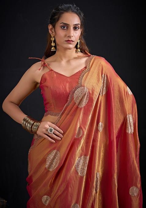 Rust Embellished Silk Saree Set — view on Indya