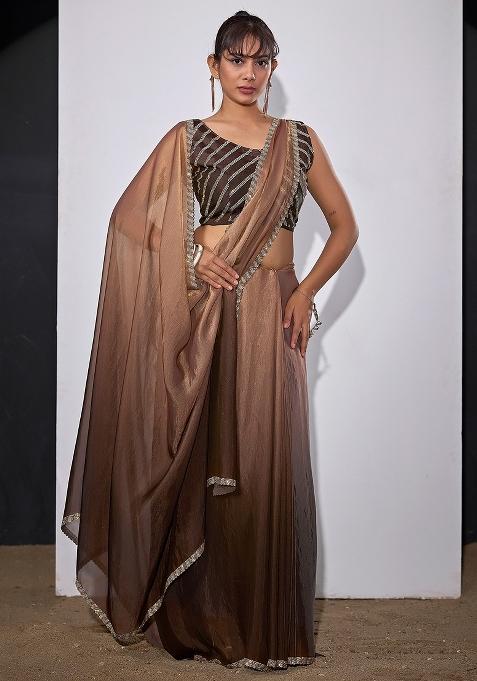 Dark Brown Embellished Silk Saree Set