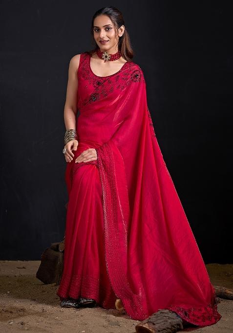 Pink Embellished Silk Saree Set