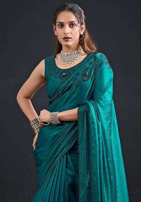 Teal Green Embellished Silk Blend Saree Set