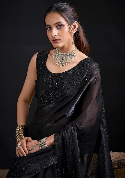 Black Embellished Silk Saree Set