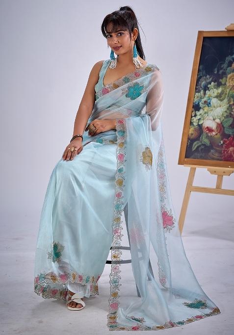 Light Blue Embellished Organza Saree Set