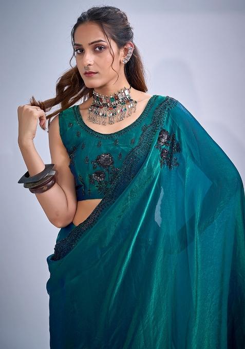 Teal Green Embellished Silk Blend Saree Set
