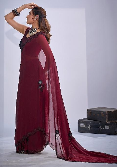 Maroon Embellished Silk Saree Set