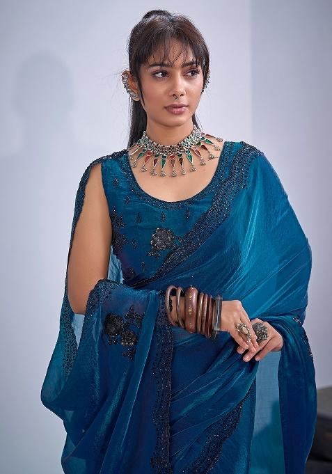 Teal Blue Embellished Silk Saree Set