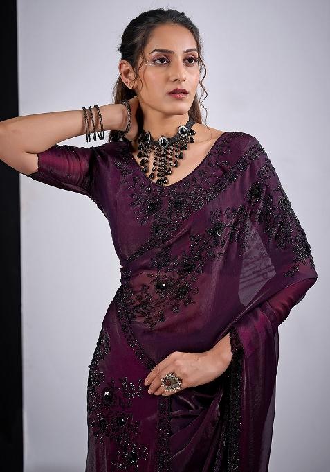 Wine Embellished Silk Saree Set — view on Indya