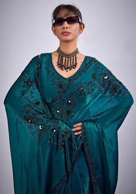 Teal Green Embellished Silk Blend Saree Set