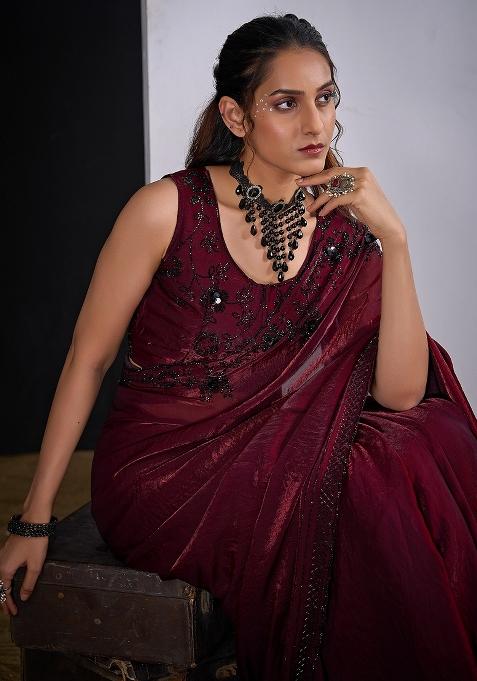 Maroon Embellished Silk Saree Set