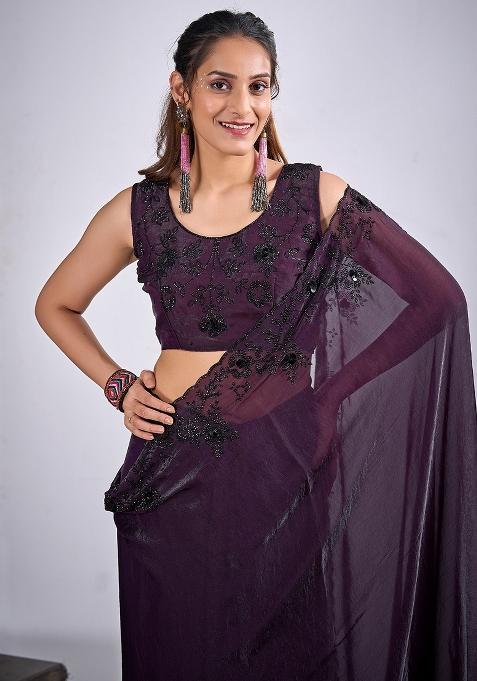 Wine Embellished Silk Saree Set — view on Indya