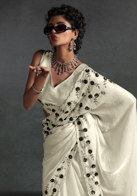 Off White Embellished Silk Saree Set