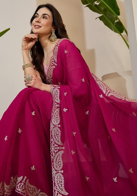 Pink Embroidered Tissue Saree Set