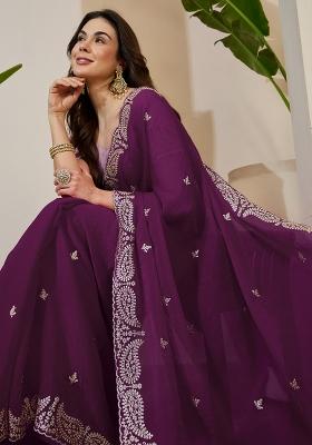 Wine Embroidered Tissue Saree Set