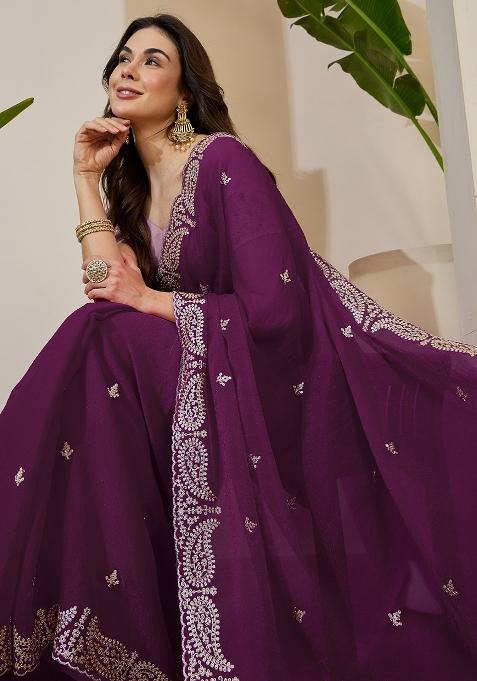 Wine Embroidered Tissue Saree Set