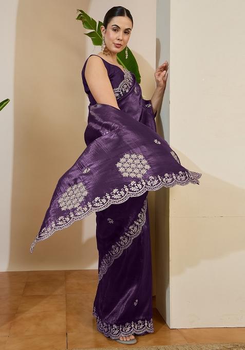 Wine Embroidered Tissue Saree Set — view on Indya