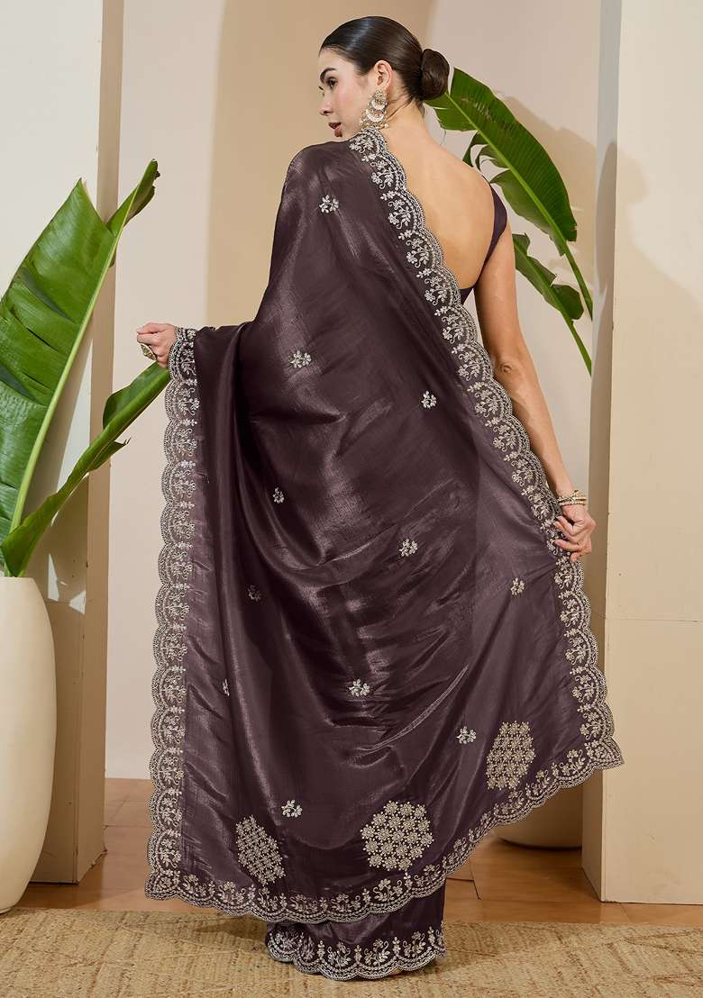 Coffee Brown Embroidered Tissue Saree Set for Diwali and Festive Wear - Indya