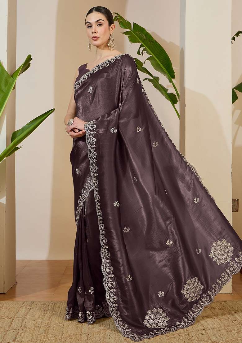 Coffee Brown Embroidered Tissue Saree Set for Diwali and Festive Wear - Indya