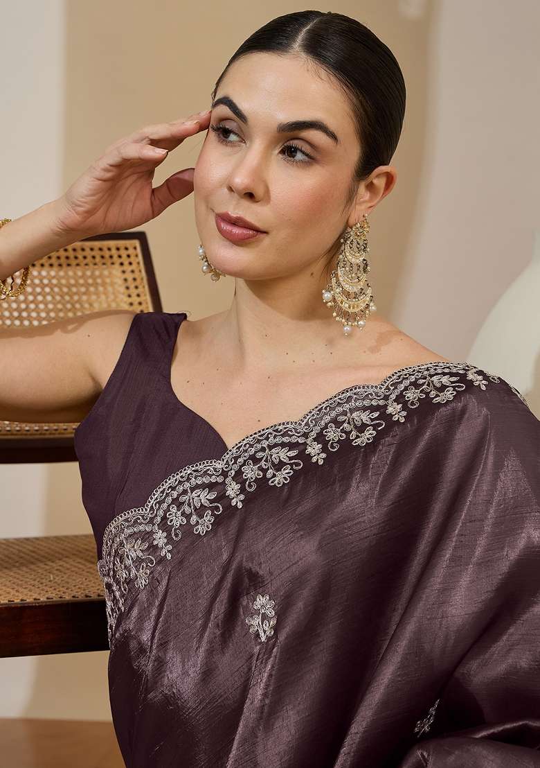 Coffee Brown Embroidered Tissue Saree Set for Diwali and Festive Wear - Indya