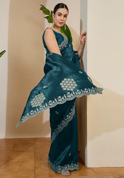 Teal Blue Embroidered Tissue Saree Set
