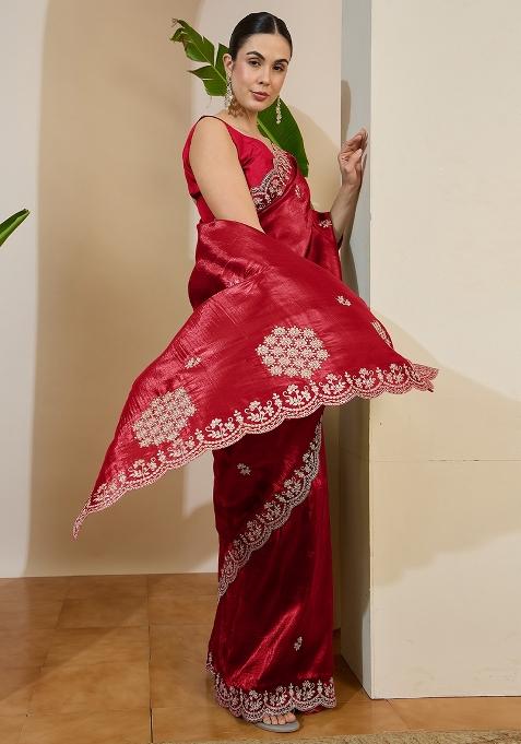 Red Embroidered Tissue Saree Set — view on Indya