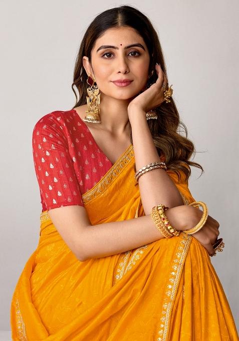Yellow Woven Design Silk Saree Set — view on Indya